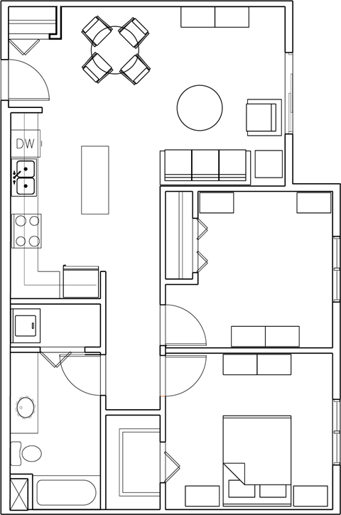 Floor plan for 2 beds, 1 bath, 889 sqft